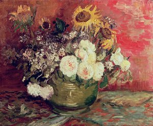 Zonnebloemen, rozen en andere bloemen in een kom, 1886